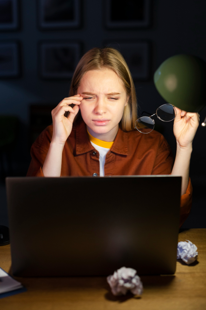 Eine Person sitzt an einem Schreibtisch vor einem Laptop und kneift die Augen zusammen. Sie h&auml;lt eine Brille in der Hand und sieht angestrengt aus. Der Raum ist dunkel, nur die Schreibtischlampe leuchtet den Bereich aus. Auf dem Tisch sind zerkn&uuml;llte Papierb&auml;lle zu sehen.