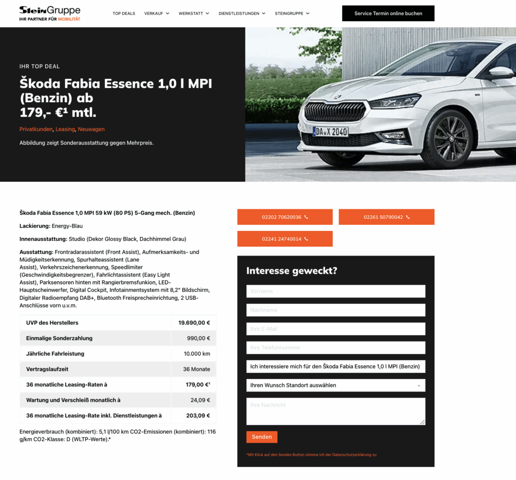 Eine Webseite der SteinGruppe mit einem Angebot für den Škoda Fabia Essence 1,0 I MPI (Benzin), beginnend ab 179 € monatlich. Oben rechts sieht man ein Bild des weißen Autos. Links sind Details zur Ausstattung und Preisgestaltung aufgeführt, darunter Informationen zur Lackierung, Innenausstattung und