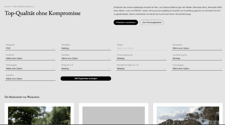 Eine Webseite mit Optionen zur Fahrzeugsuche. Oben steht Top-Qualität ohne Kompromisse. Es gibt Dropdown-Menüs für Kategorien wie Hersteller, Modell, Karosserie, Kraftstoff, Getriebe, Erstzulassung, Preis und mehr. Ein Knopf zeigt 399 Ergebnisse anzeigen. Rechts gibt es die Möglichkeit, eine Prob
