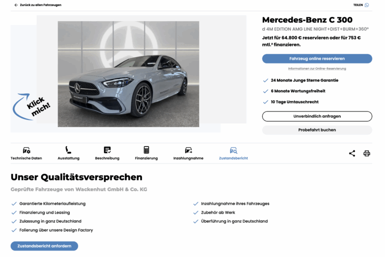 Das Bild zeigt eine Online-Anzeige für einen Mercedes-Benz C 300 in einer hellgrauen Farbe. Links oben befindet sich ein Pfeil mit dem Text Klick mich!. Rechts neben dem Fahrzeug sind Details wie der Preis von 64.800 € und die Finanzierungsmöglichkeiten ab 753 € pro Monat angegeben. Eine Schaltfläche bietet die Option