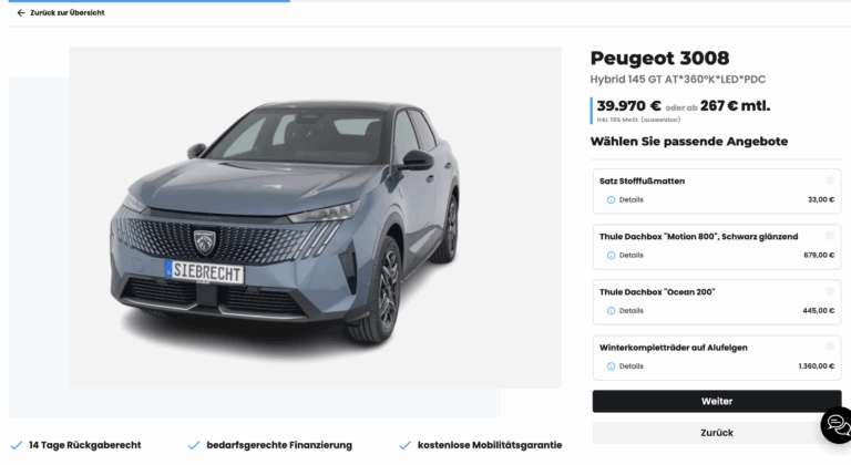 Ein blaufarbener Peugeot 3008 Hybrid 145 GT AT wird von vorne gezeigt. Das Nummernschild trägt die Aufschrift SIEBRECHT. Rechts im Bild befinden sich Informationen zum Fahrzeug, darunter der Preis von 39.970 € oder ab 267 € monatlich. Außerdem gibt es Optionen für zusätzliche Angebote wie Stofffu