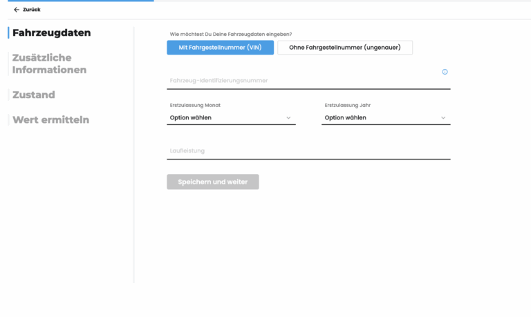 Benutzeroberfläche zur Eingabe von Fahrzeugdaten. Links befindet sich ein vertikales Menü mit den Abschnitten: Fahrzeugdaten, Zusätzliche Informationen, Zustand, und Wert ermitteln. Rechts gibt es Auswahlmöglichkeiten zur Eingabe der Daten mit oder ohne Fahrgestellnummer (VIN). Felder