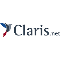 Ein Logo mit einem stilisierten Vogeldesign links in Blau und Rot, gefolgt von dem Text Claris.net in dunkler Schrift.