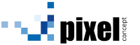 Das Bild zeigt das Logo von Pixel Concept. Es besteht aus blauen und hellblauen Quadraten, die ein Pixelmuster bilden, gefolgt vom Wort pixel in schwarzer Schrift. Daneben steht vertikal das Wort concept in kleinerer Schrift.