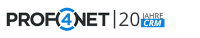 Das Bild zeigt das Logo von PROF4NET mit der Zahl 20 Jahre CRM daneben. Der Hintergrund ist weiß, und das Logo ist in schwarzer Schrift mit einem blauen Element gestaltet.