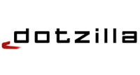 Ein Logo mit dem Text dotzilla in schwarzer, moderner Schrift. Links unter dem d befindet sich ein kleiner, roter geschwungener Pfeil. Der Hintergrund ist weiß.