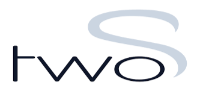 Das Bild zeigt ein Logo mit dem stilisierten Schriftzug two in schwarzer, eleganter Schrift. Darüber schwebt ein großes, transparentes S.