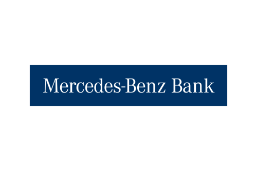 Ein blauer rechteckiger Hintergrund mit dem weißen Text Mercedes-Benz Bank in der Mitte.