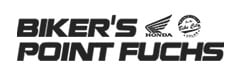 Schwarzes Logo auf weißem Hintergrund. Text: BIKER'S POINT FUCHS. Neben dem Text befindet sich das Honda-Logo und ein rundes Emblem mit der Aufschrift Take City Honda.
