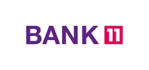 Das Bild zeigt das Logo von Bank11 in lila Schrift auf weißem Hintergrund. Rechts neben dem Wort BANK befindet sich eine rote quadratische Box mit der weißen Zahl 11 darin.