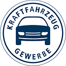 Das Bild zeigt ein rundes Logo mit einem stilisierten Auto in der Mitte. Um das Auto herum steht der Text Kraftfahrzeug Gewerbe in Großbuchstaben. Die Farben sind hauptsächlich in Blau und Weiß gehalten.