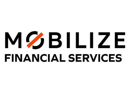 Das Bild zeigt das Logo von Mobilize Financial Services. Der Schriftzug MOBILIZE ist in großen schwarzen Buchstaben geschrieben, wobei der Buchstabe O orange eingefärbt ist und ein diagonaler schwarzer Strich durch ihn verläuft. Darunter steht in schwarzen Buchstaben FINANCIAL SERVICES.