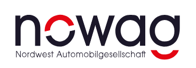 Logo der Nordwest Automobilgesellschaft (nowag), mit dem Wort nowag in dunkler Schrift, wobei die Buchstaben o und g teilweise rot umrandet sind. Darunter steht der vollständige Name Nordwest Automobilgesellschaft in kleinerer Schrift.