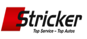 Logo der Firma Stricker, bestehend aus einem roten Dreieck und dem stilisierten schwarzen Schriftzug Stricker mit dem Slogan Top Service – Top Zubehör darunter.
